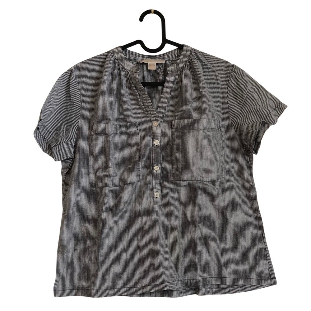 Michael Kors Womens‎ Navy White Striped Button V-Neck Short Sleeve Blouse Size M
